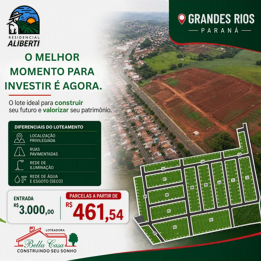 Arte do Residencial Aliberti em Grandes Rios-PR com a planta dos lotes: entrada de R$ 3.000,00 e parcelas a partir de R$ 461,54. Ruas pavimentadas, rede de iluminação e rede de água e esgoto (seco).